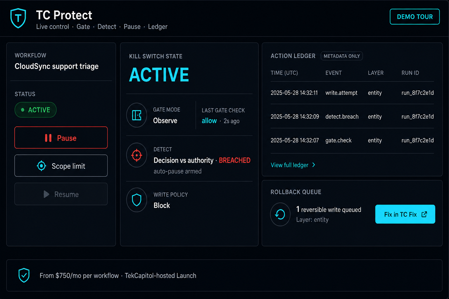TC Protect live gate, kill switch, and Detect